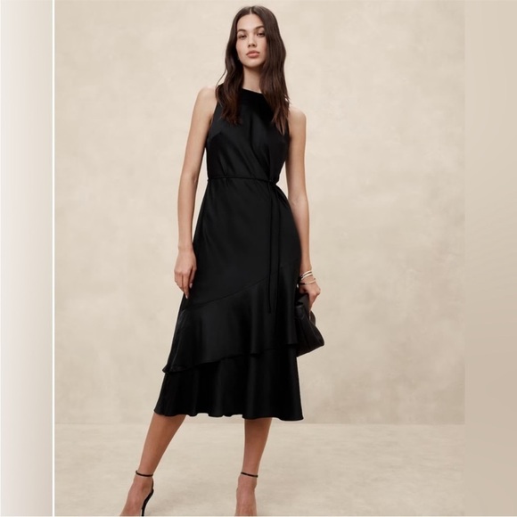 NWT! Banana Republic Black Satin Tiered Midi Dress Medium 🍄 - Picture 1 of 4